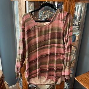 Belle by Kim Gravel Striped Long-Sleeve Tee in Pink and Olive